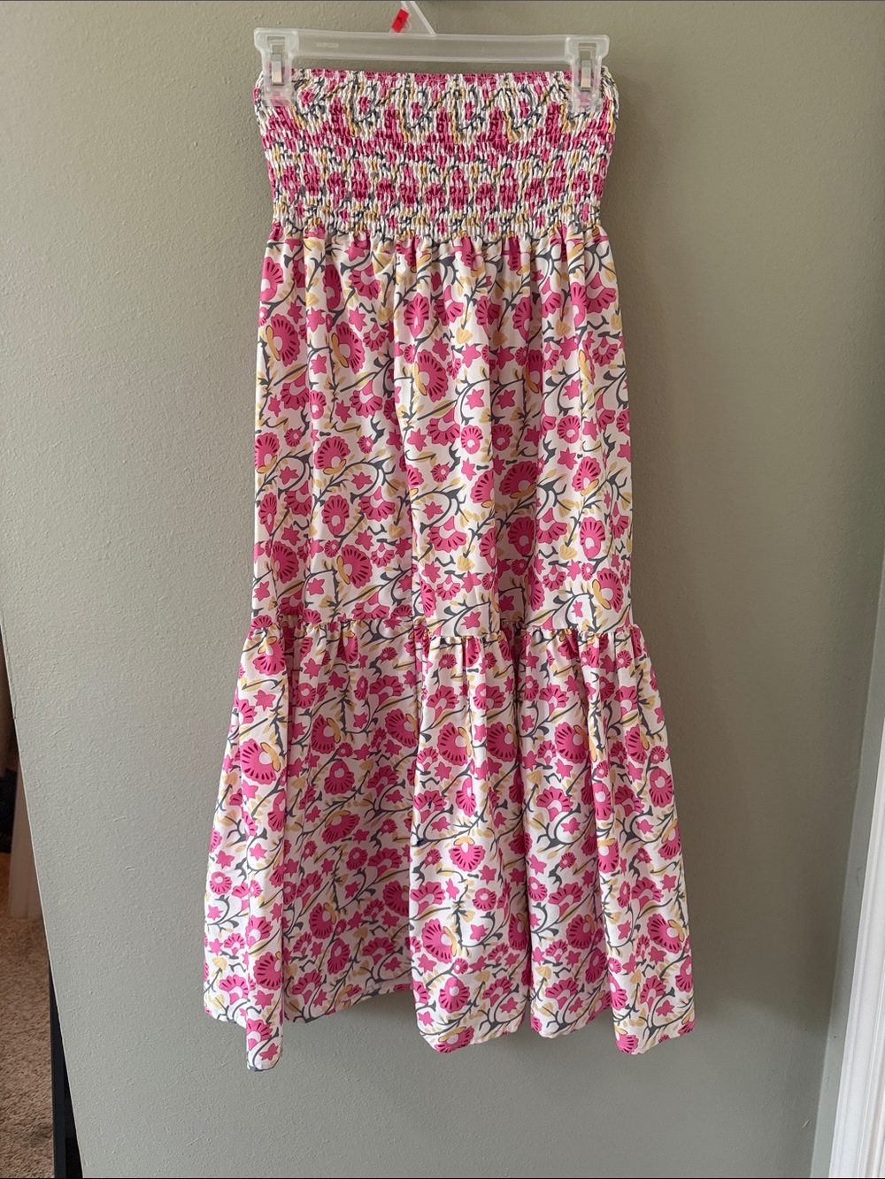 Smocked Strapless Floral Maxi Dress in Pink and White or Worn as a Skirt